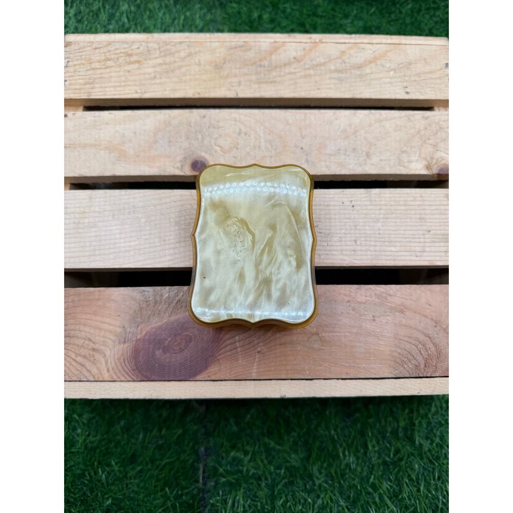 Vintage Art Deco Amber Celluloid Trinket Box-4x3x1-Pearlescent MOP Lid